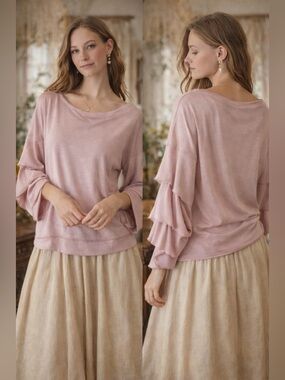 Gee Loretta Blush Pink Boho Top Draped Sleeve Cottagecore Size Medium